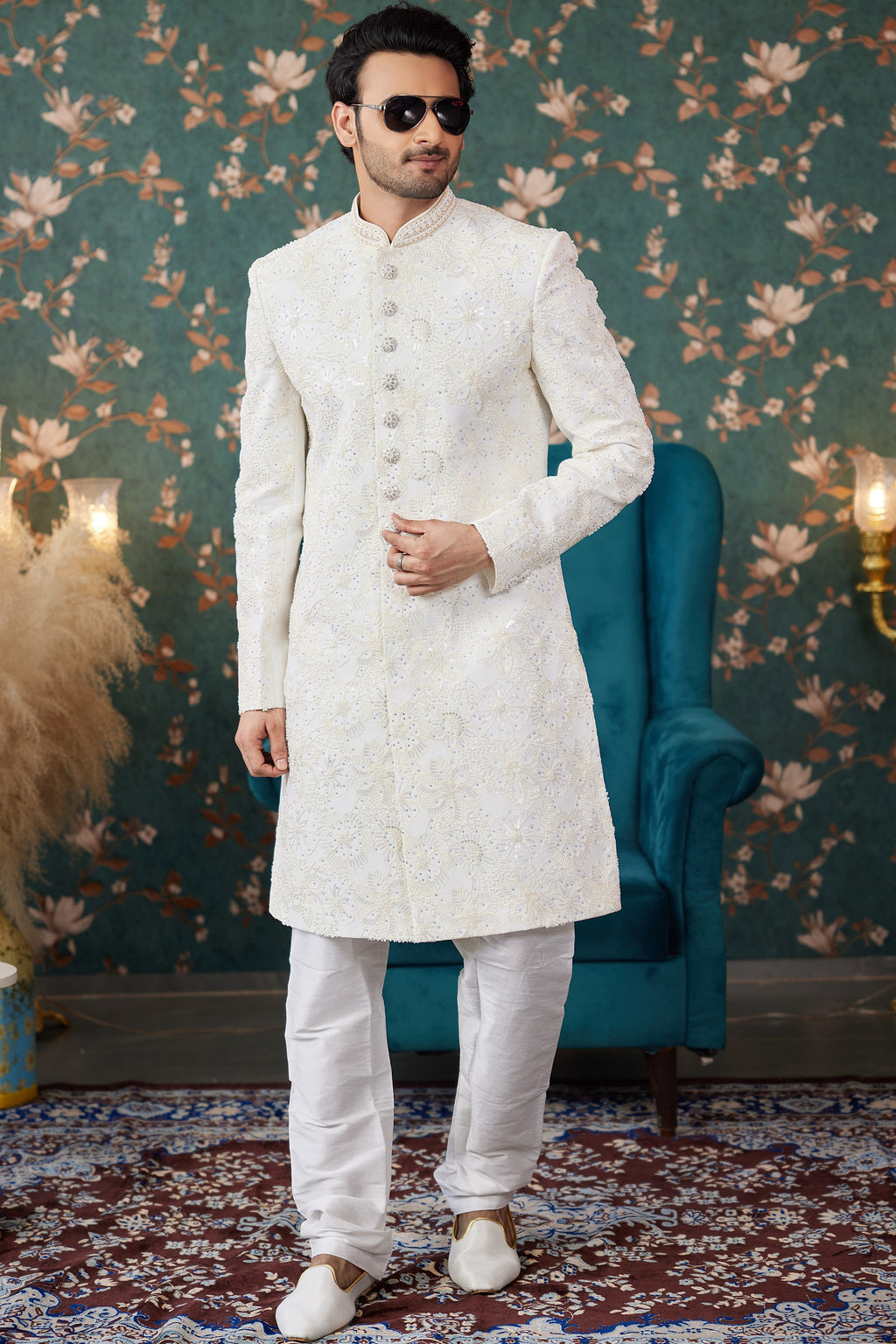 White Art Silk Traditional Sherwani Long Kurta & Chudidar for Men for Wedding - Embroidery Work, Bead Work