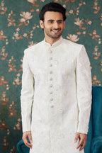 White Art Silk Traditional Sherwani Long Kurta & Chudidar for Men for Wedding - Embroidery Work, Bead Work