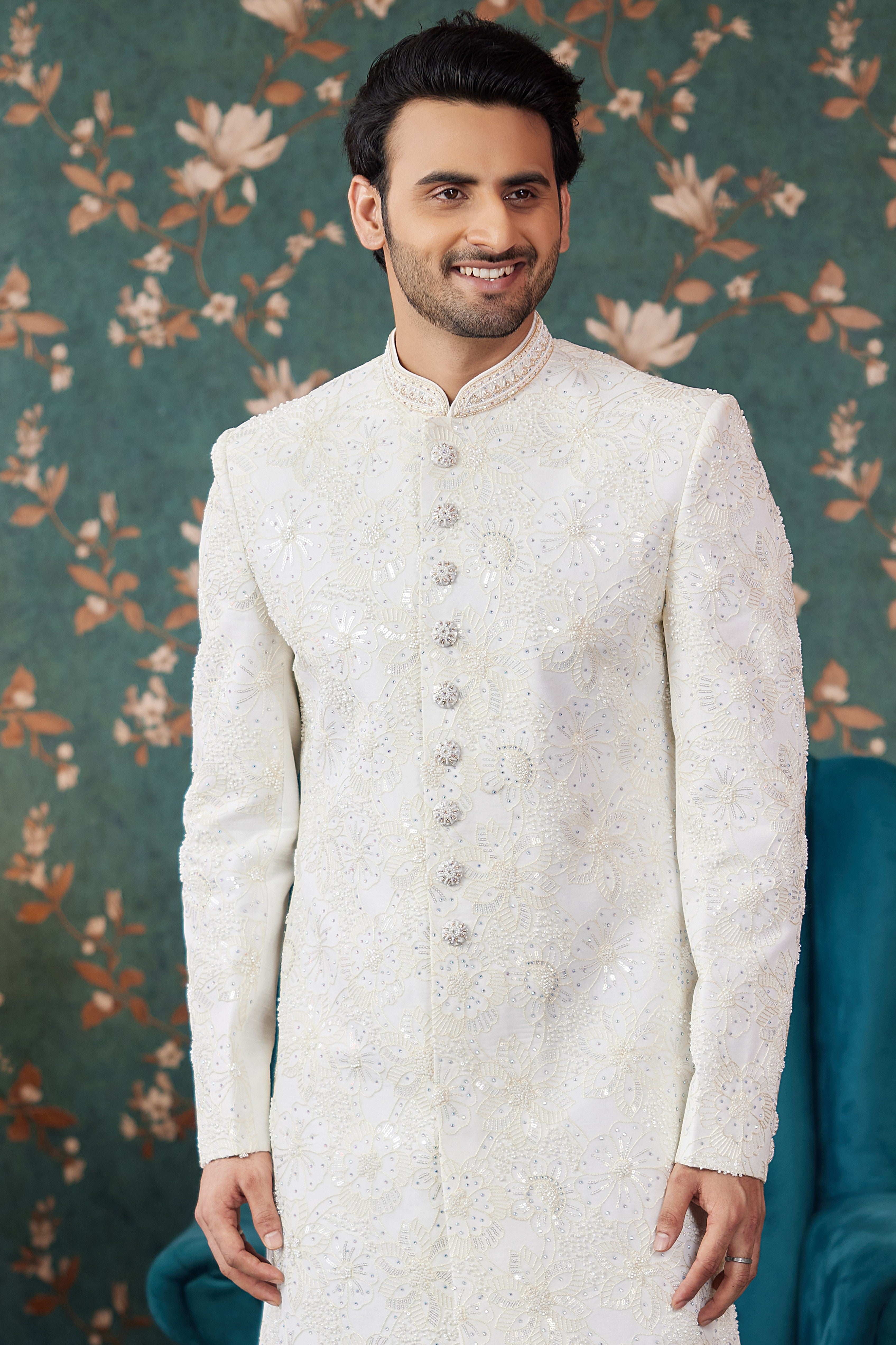 White Art Silk Traditional Sherwani Long Kurta & Chudidar for Men for Wedding - Embroidery Work, Bead Work
