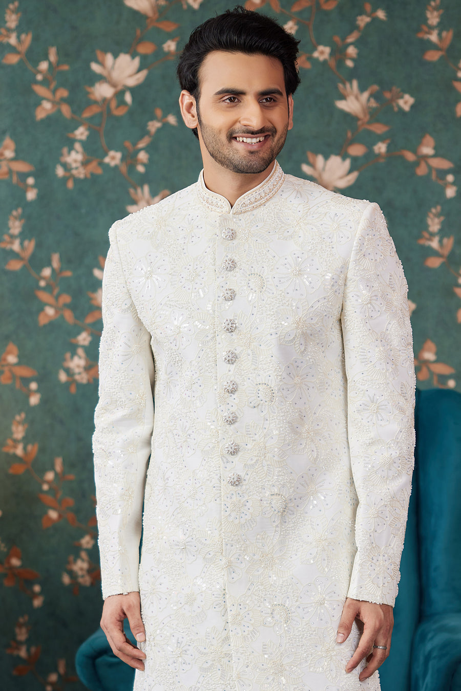 White Art Silk Traditional Sherwani Long Kurta & Chudidar for Men for Wedding - Embroidery Work, Bead Work