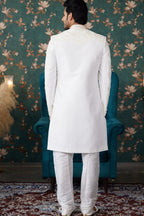 White Art Silk Traditional Sherwani Long Kurta & Chudidar for Men for Wedding - Embroidery Work, Bead Work