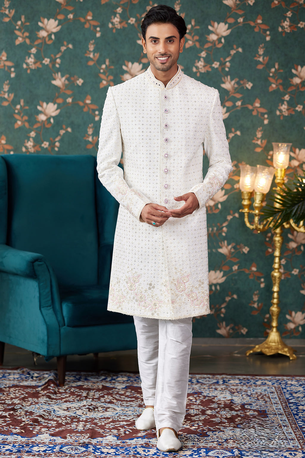 Cream Art Silk Traditional Sherwani Long Kurta & Chudidar for Men for Wedding - Embroidery Work, Bead Work