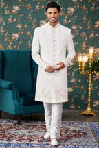 Cream Art Silk Traditional Sherwani Long Kurta & Chudidar for Men for Wedding - Embroidery Work, Bead Work
