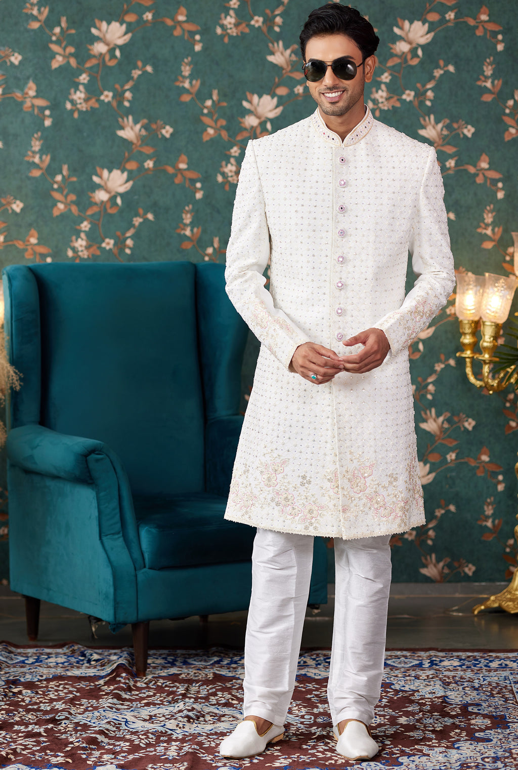 Cream Art Silk Traditional Sherwani Long Kurta & Chudidar for Men for Wedding - Embroidery Work, Bead Work