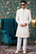 Cream Art Silk Traditional Sherwani Long Kurta & Chudidar for Men for Wedding - Embroidery Work, Bead Work