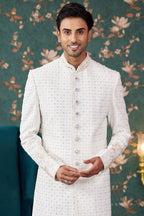 Cream Art Silk Traditional Sherwani Long Kurta & Chudidar for Men for Wedding - Embroidery Work, Bead Work