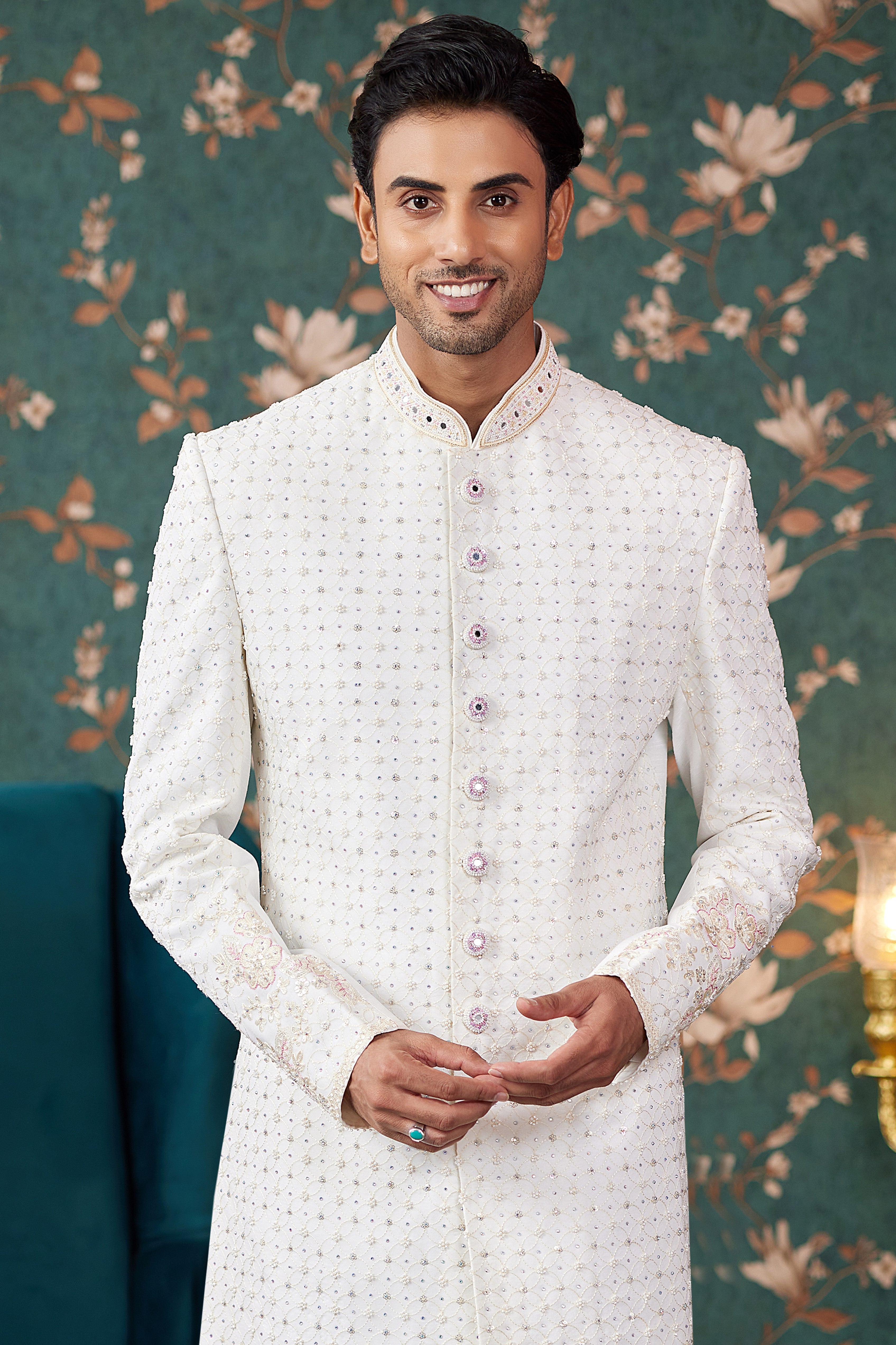 Cream Art Silk Traditional Sherwani Long Kurta & Chudidar for Men for Wedding - Embroidery Work, Bead Work