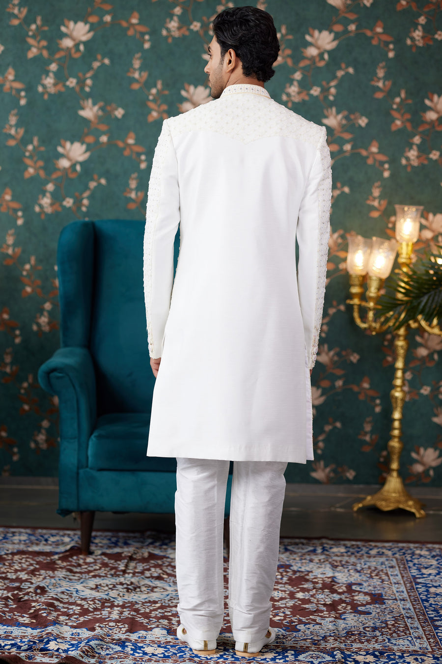 Cream Art Silk Traditional Sherwani Long Kurta & Chudidar for Men for Wedding - Embroidery Work, Bead Work