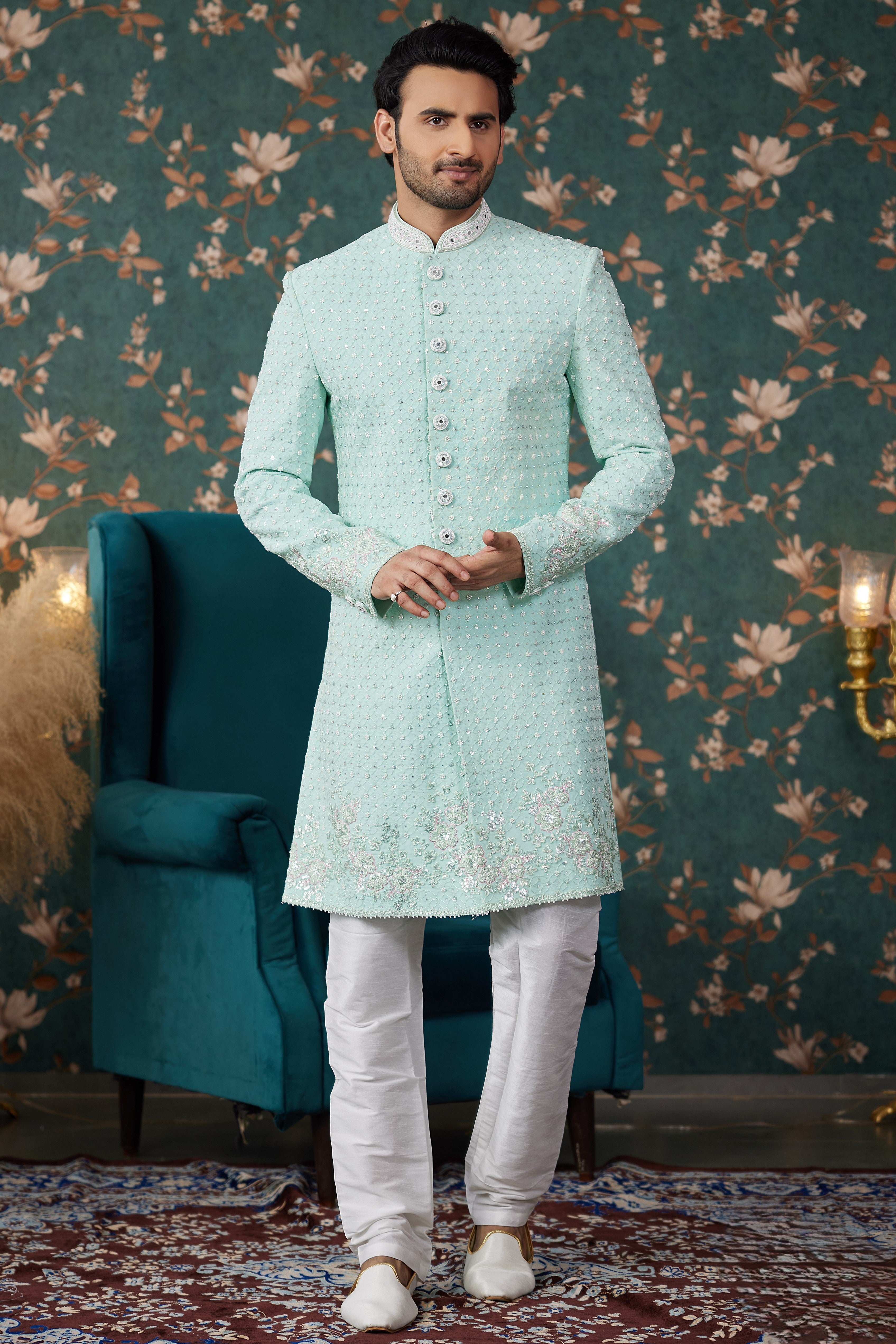 Light Blue Art Silk Traditional Sherwani Long Kurta & Chudidar for Men for Wedding - Embroidery Work, Bead Work
