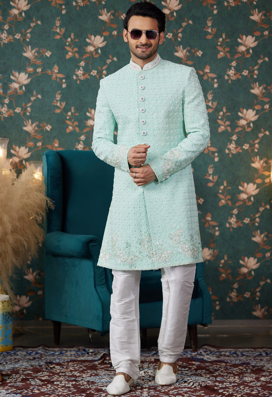 Light Blue Art Silk Traditional Sherwani Long Kurta & Chudidar for Men for Wedding - Embroidery Work, Bead Work