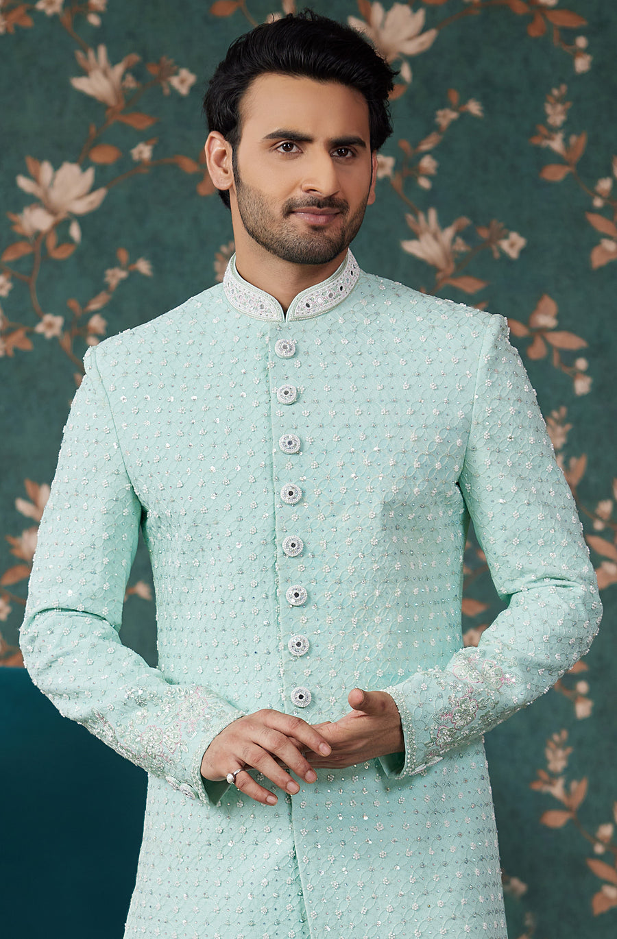 Light Blue Art Silk Traditional Sherwani Long Kurta & Chudidar for Men for Wedding - Embroidery Work, Bead Work