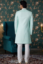 Light Blue Art Silk Traditional Sherwani Long Kurta & Chudidar for Men for Wedding - Embroidery Work, Bead Work