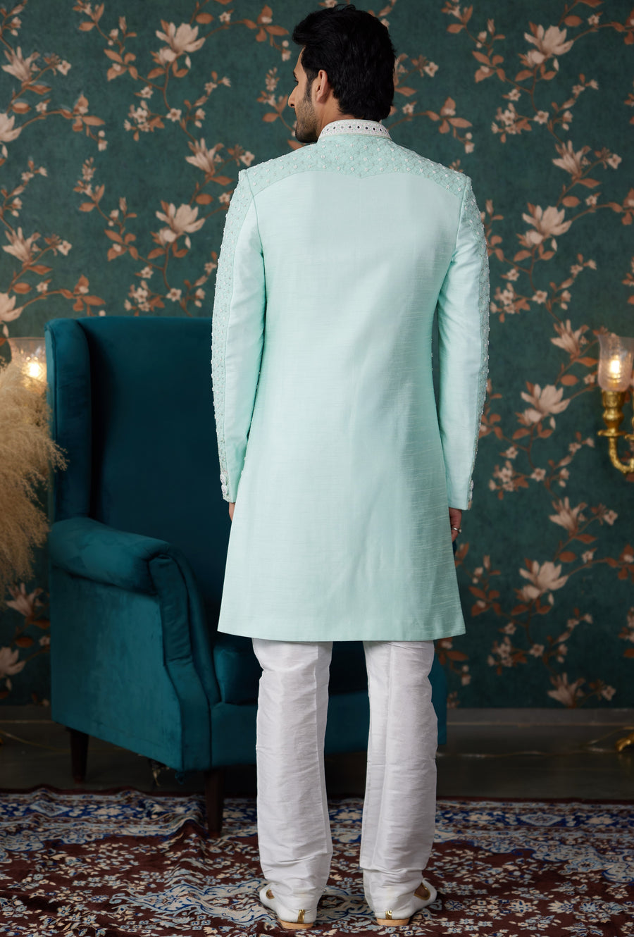 Light Blue Art Silk Traditional Sherwani Long Kurta & Chudidar for Men for Wedding - Embroidery Work, Bead Work