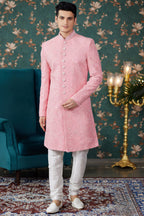 Pink Art Silk Traditional Sherwani Long Kurta & Chudidar for Men for Wedding - Embroidery Work, Bead Work