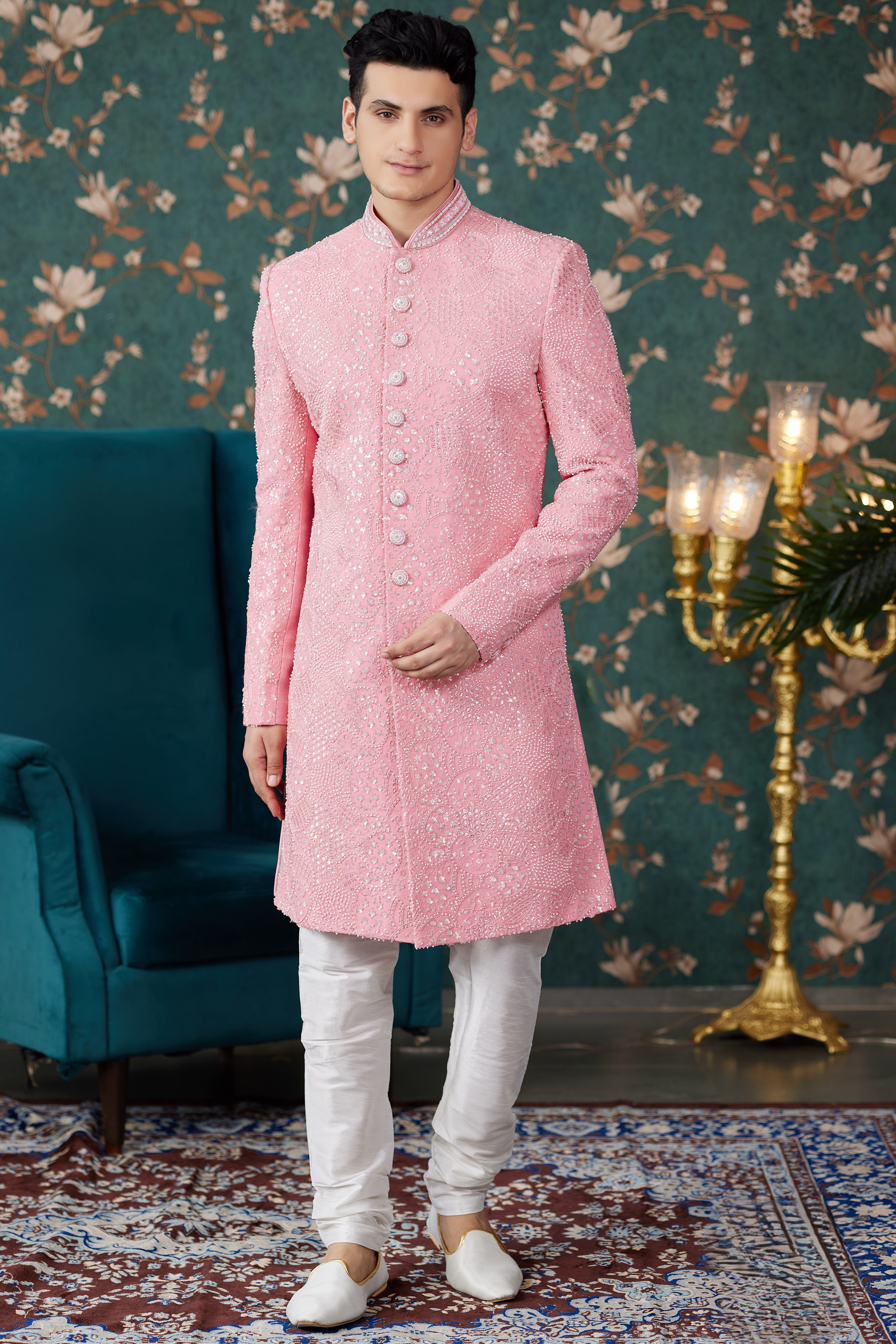 Pink Art Silk Traditional Sherwani Long Kurta & Chudidar for Men for Wedding - Embroidery Work, Bead Work