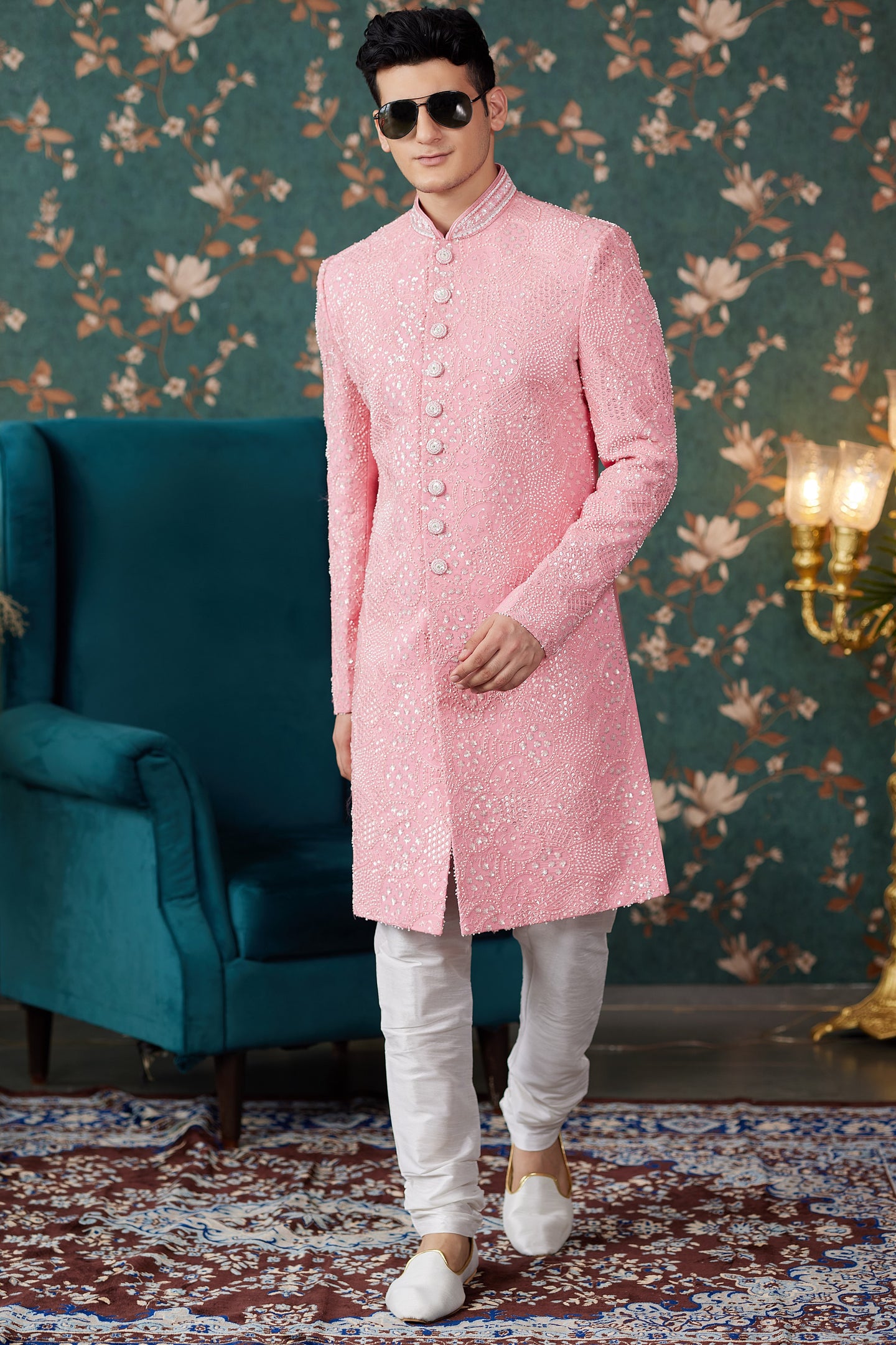 Pink Art Silk Traditional Sherwani Long Kurta & Chudidar for Men for Wedding - Embroidery Work, Bead Work