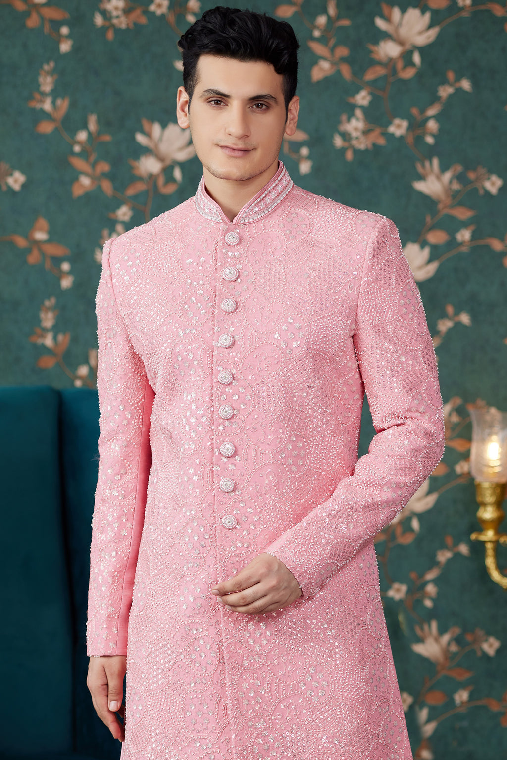 Pink Art Silk Traditional Sherwani Long Kurta & Chudidar for Men for Wedding - Embroidery Work, Bead Work