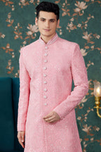 Pink Art Silk Traditional Sherwani Long Kurta & Chudidar for Men for Wedding - Embroidery Work, Bead Work