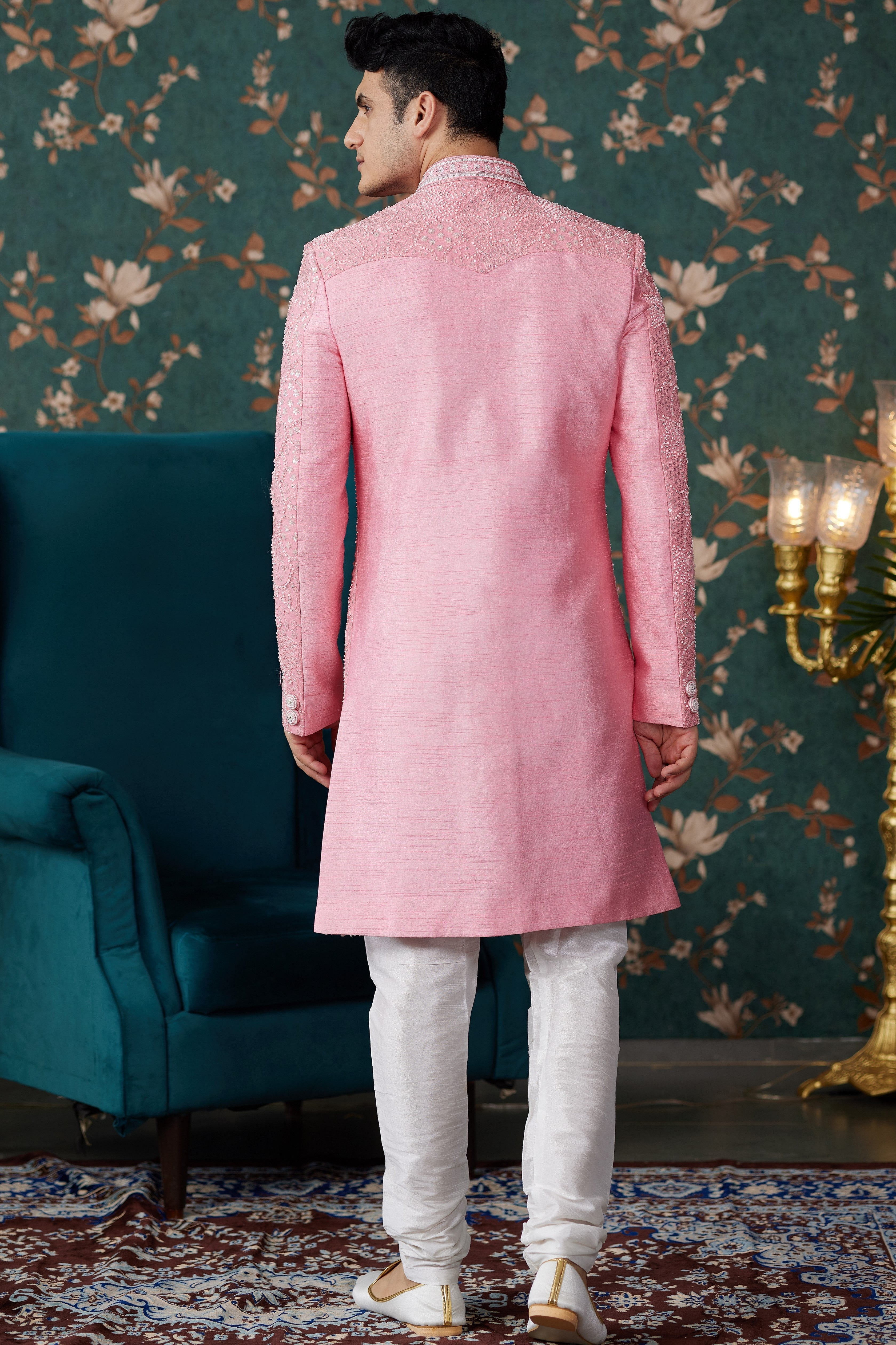 Pink Art Silk Traditional Sherwani Long Kurta & Chudidar for Men for Wedding - Embroidery Work, Bead Work