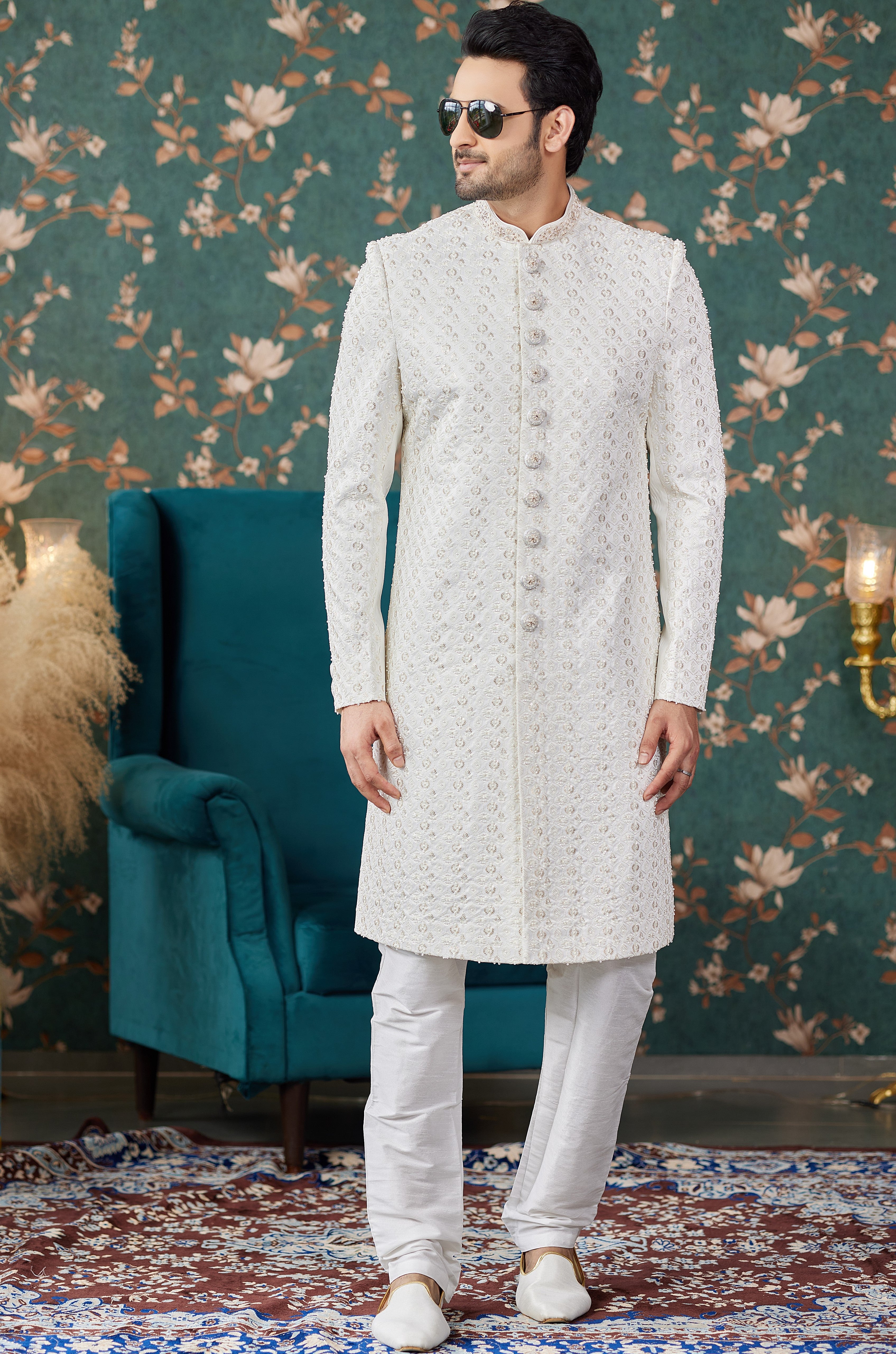 Cream Art Silk Traditional Sherwani Long Kurta & Chudidar for Men for Wedding - Embroidery Work, Bead Work