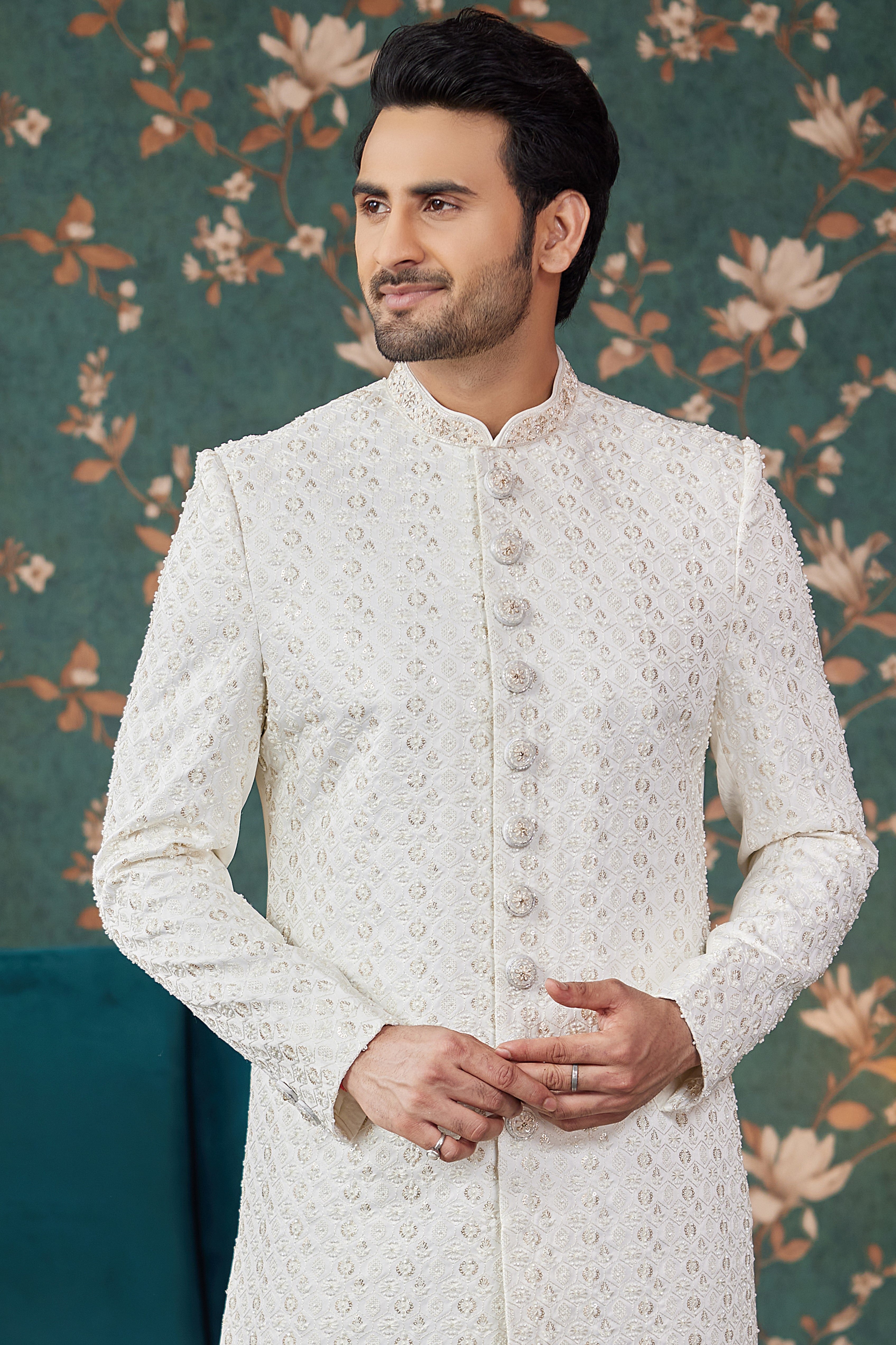 Cream Art Silk Traditional Sherwani Long Kurta & Chudidar for Men for Wedding - Embroidery Work, Bead Work