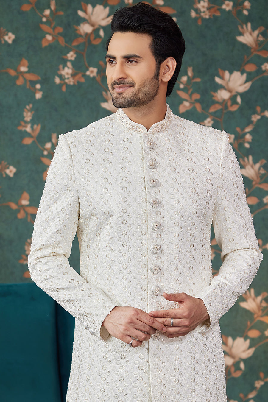 Cream Art Silk Traditional Sherwani Long Kurta & Chudidar for Men for Wedding - Embroidery Work, Bead Work