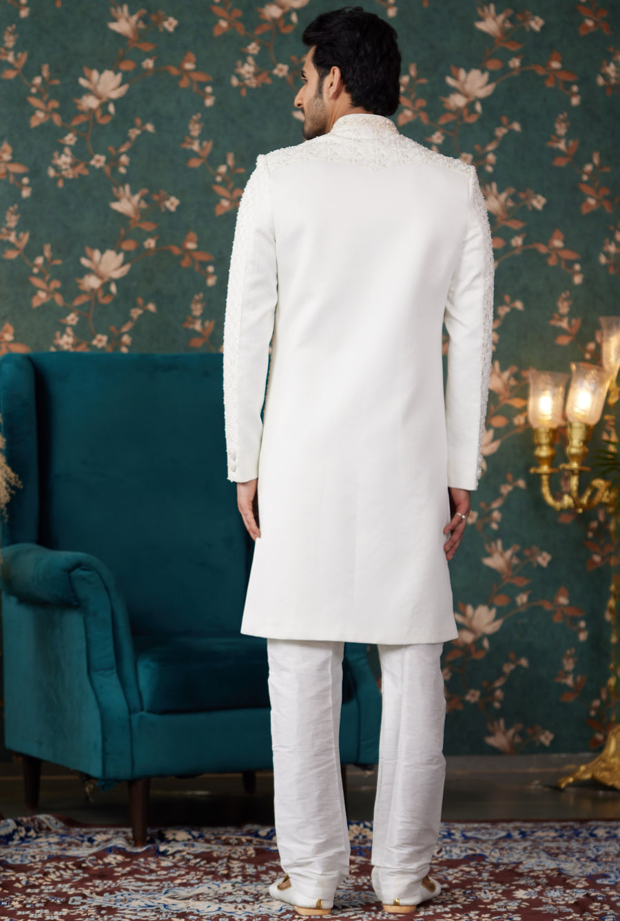 Cream Art Silk Traditional Sherwani Long Kurta & Chudidar for Men for Wedding - Embroidery Work, Bead Work