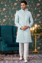 Light Blue Art Silk Traditional Sherwani Long Kurta & Chudidar for Men for Wedding - Embroidery Work