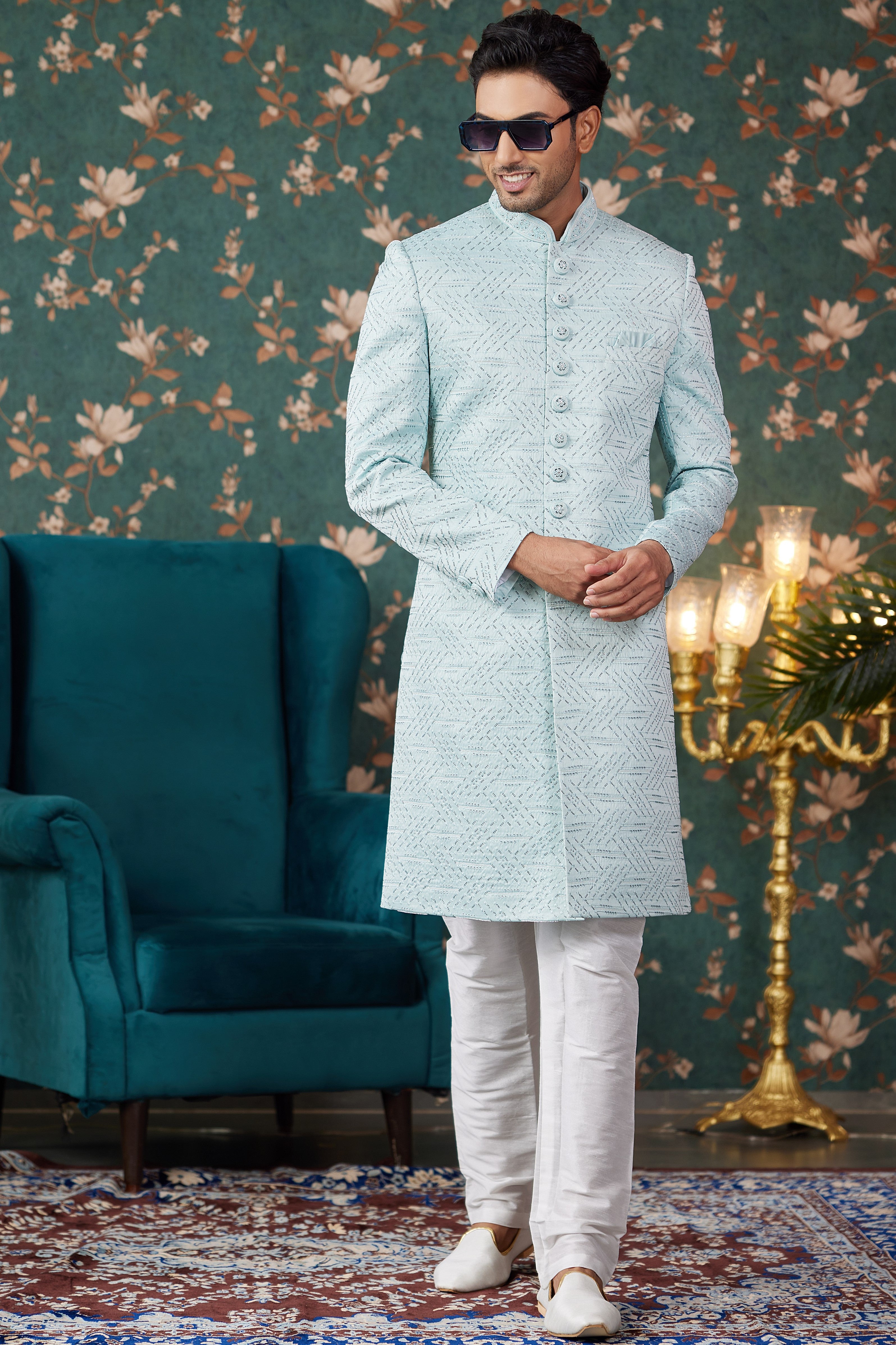 Light Blue Art Silk Traditional Sherwani Long Kurta & Chudidar for Men for Wedding - Embroidery Work