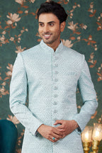 Light Blue Art Silk Traditional Sherwani Long Kurta & Chudidar for Men for Wedding - Embroidery Work