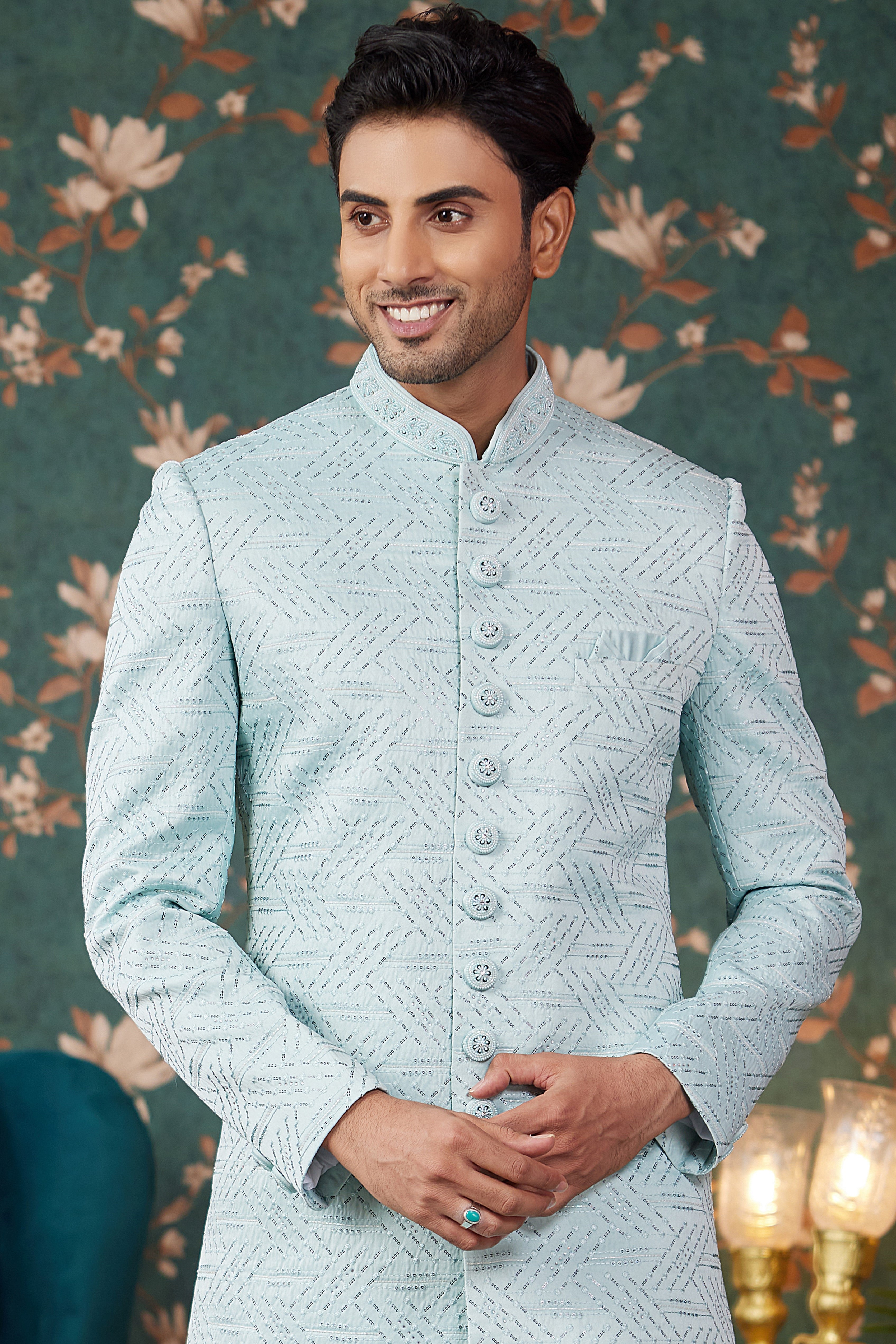 Light Blue Art Silk Traditional Sherwani Long Kurta & Chudidar for Men for Wedding - Embroidery Work