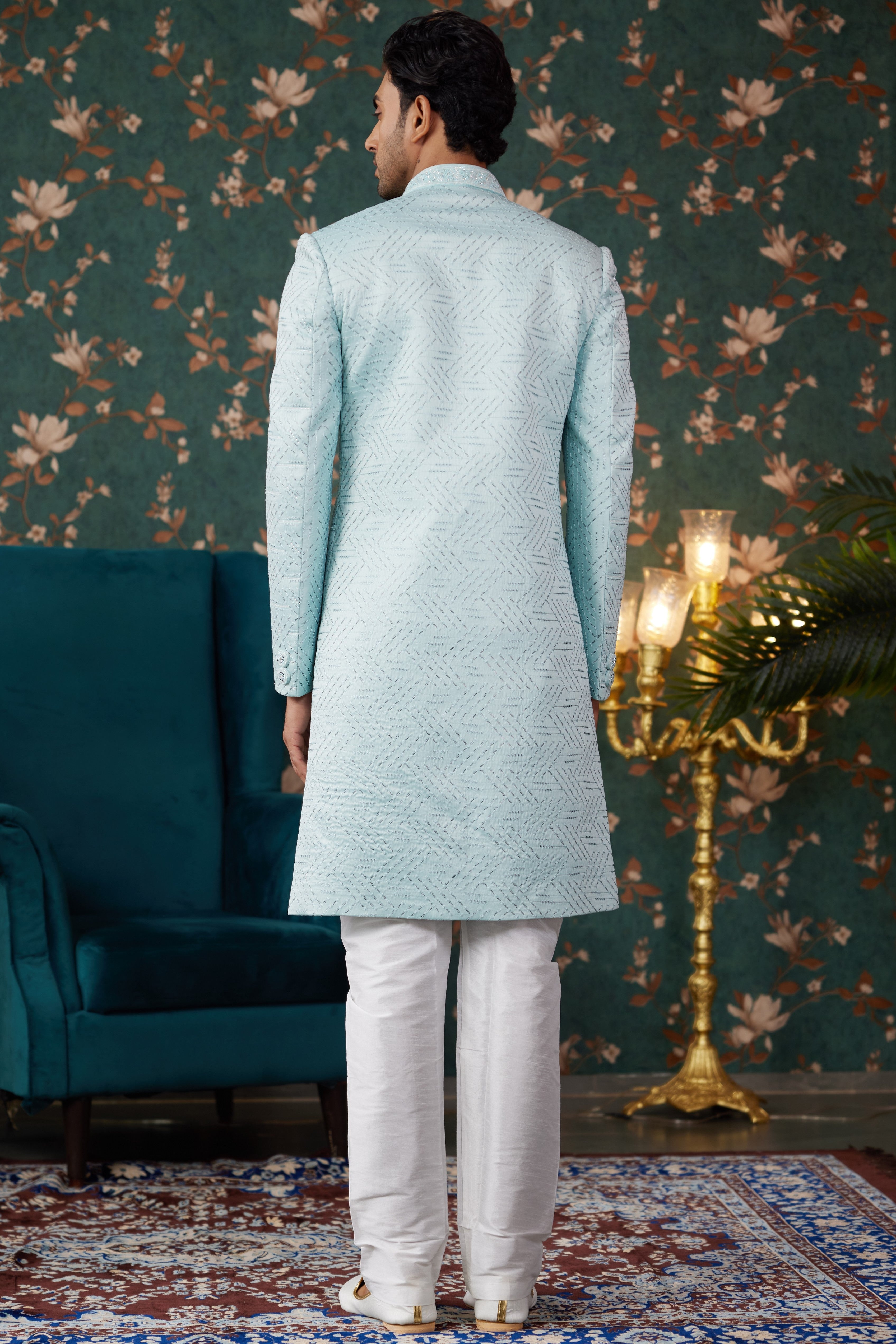Light Blue Art Silk Traditional Sherwani Long Kurta & Chudidar for Men for Wedding - Embroidery Work