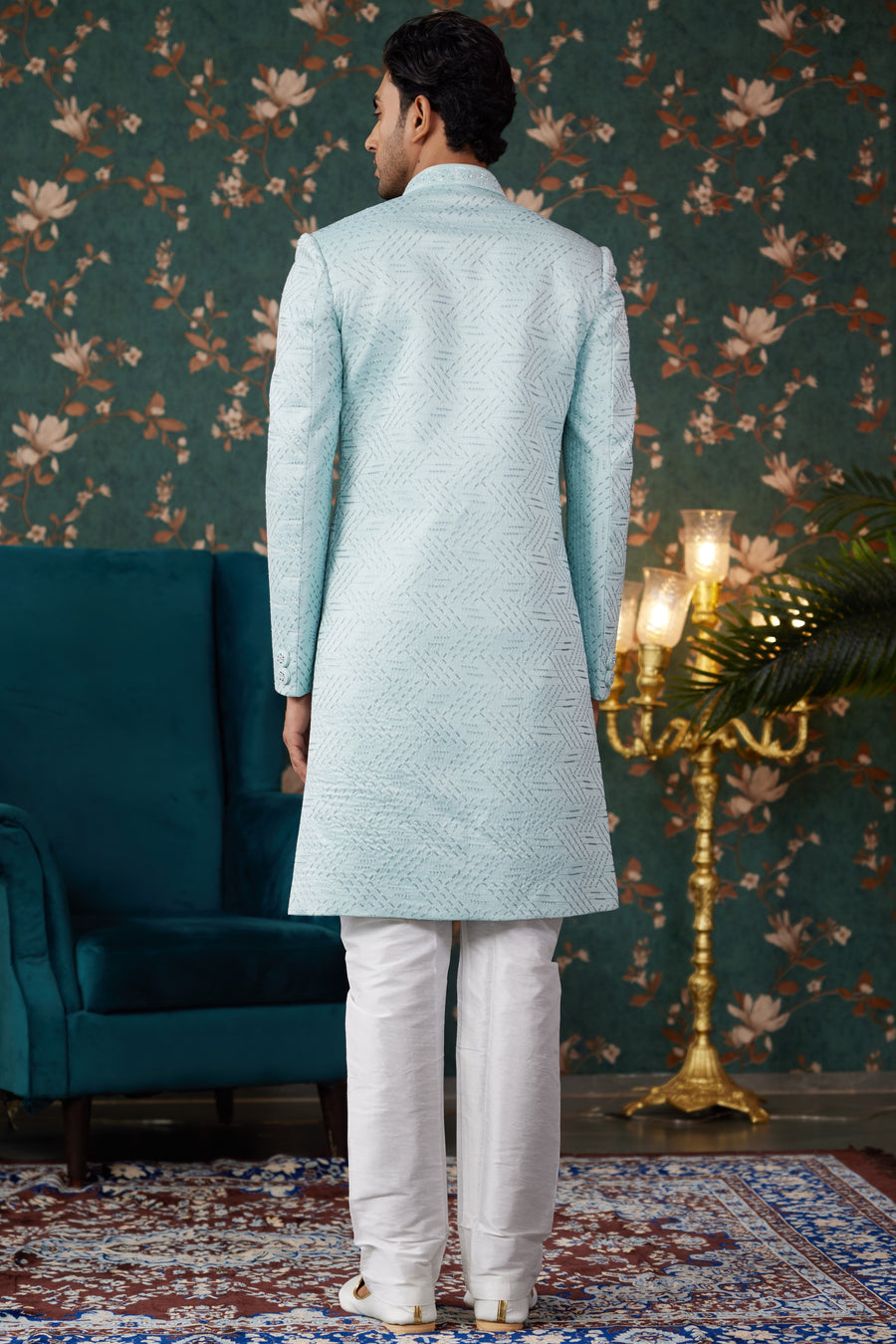 Light Blue Art Silk Traditional Sherwani Long Kurta & Chudidar for Men for Wedding - Embroidery Work