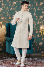 Cream Art Silk Traditional Sherwani Long Kurta & Chudidar for Men for Wedding - Embroidery Work