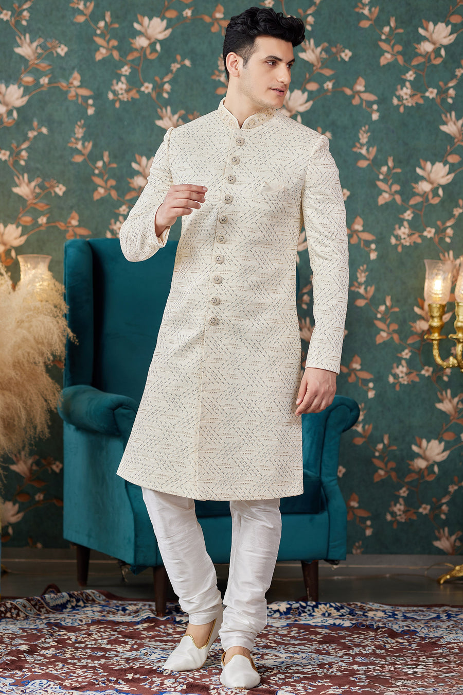 Cream Art Silk Traditional Sherwani Long Kurta & Chudidar for Men for Wedding - Embroidery Work