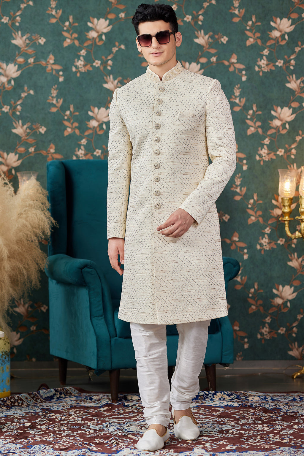 Cream Art Silk Traditional Sherwani Long Kurta & Chudidar for Men for Wedding - Embroidery Work