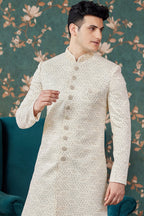 Cream Art Silk Traditional Sherwani Long Kurta & Chudidar for Men for Wedding - Embroidery Work
