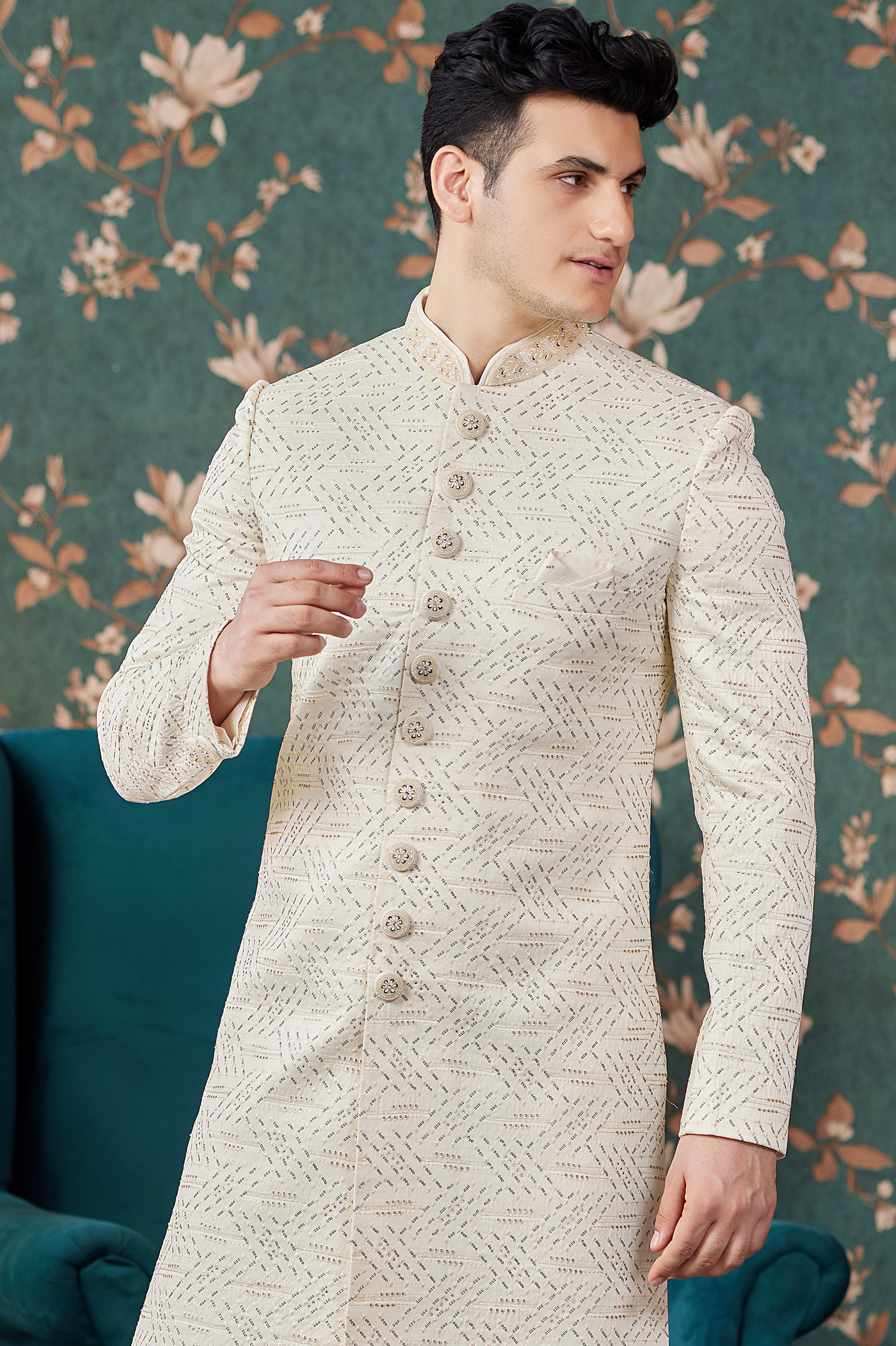 Cream Art Silk Traditional Sherwani Long Kurta & Chudidar for Men for Wedding - Embroidery Work