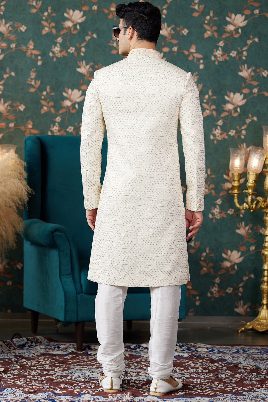 Cream Art Silk Traditional Sherwani Long Kurta & Chudidar for Men for Wedding - Embroidery Work