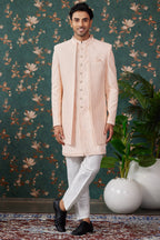 Peach Art Silk Traditional Sherwani Long Kurta & Pant for Men for Wedding - Embroidery Work, Bead Work