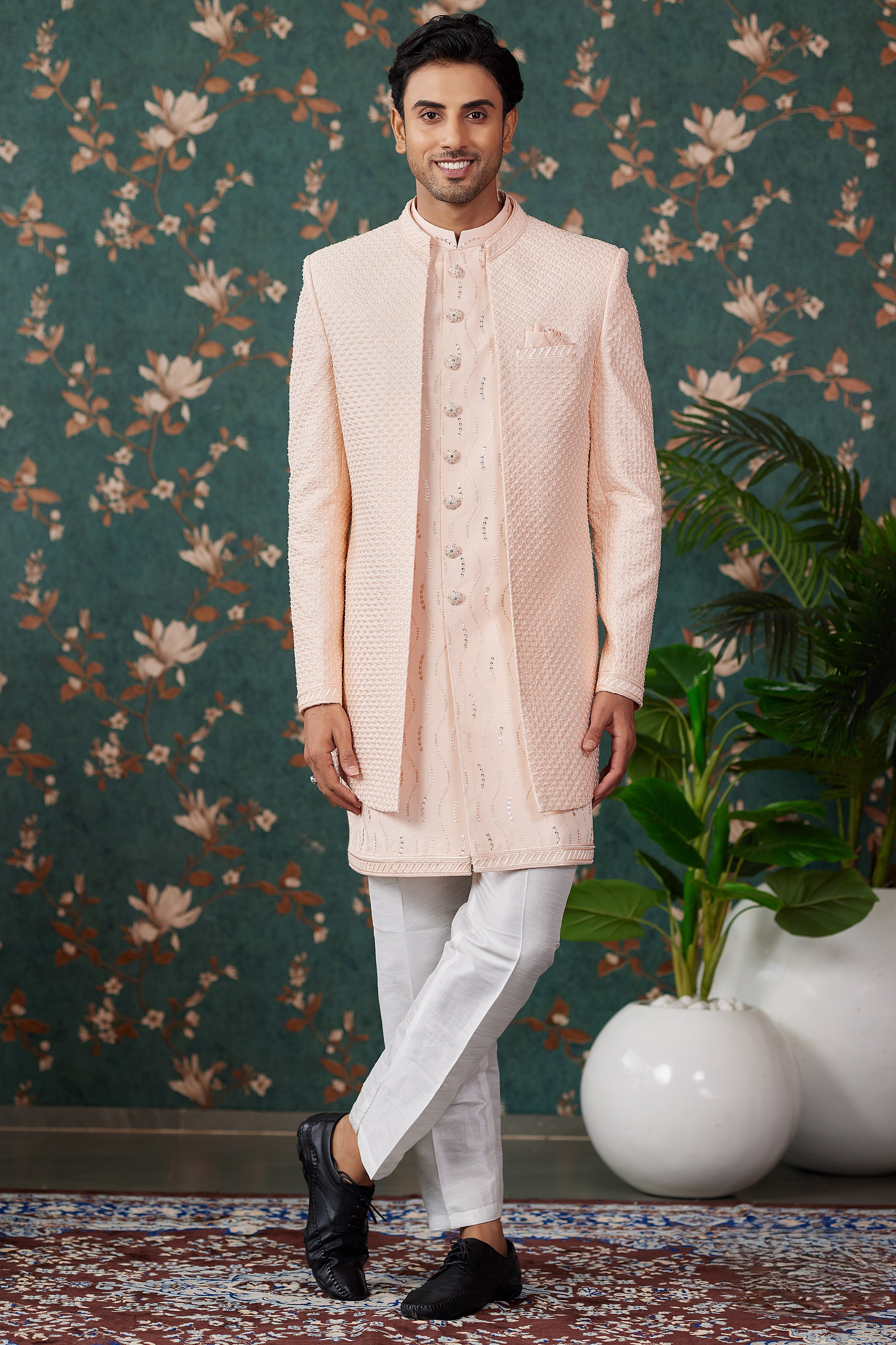 Peach Art Silk Traditional Sherwani Long Kurta & Pant for Men for Wedding - Embroidery Work, Bead Work