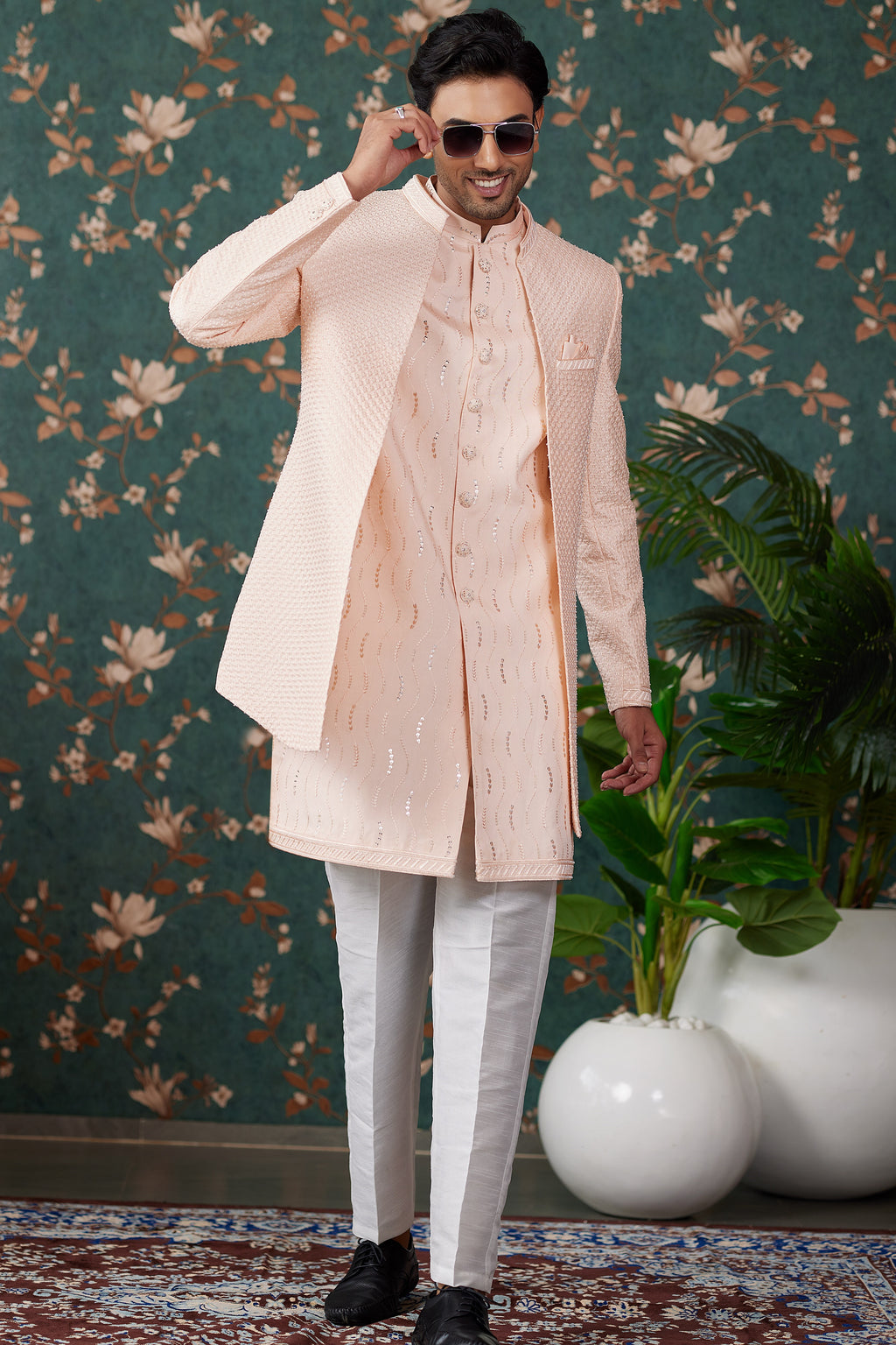 Peach Art Silk Traditional Sherwani Long Kurta & Pant for Men for Wedding - Embroidery Work, Bead Work