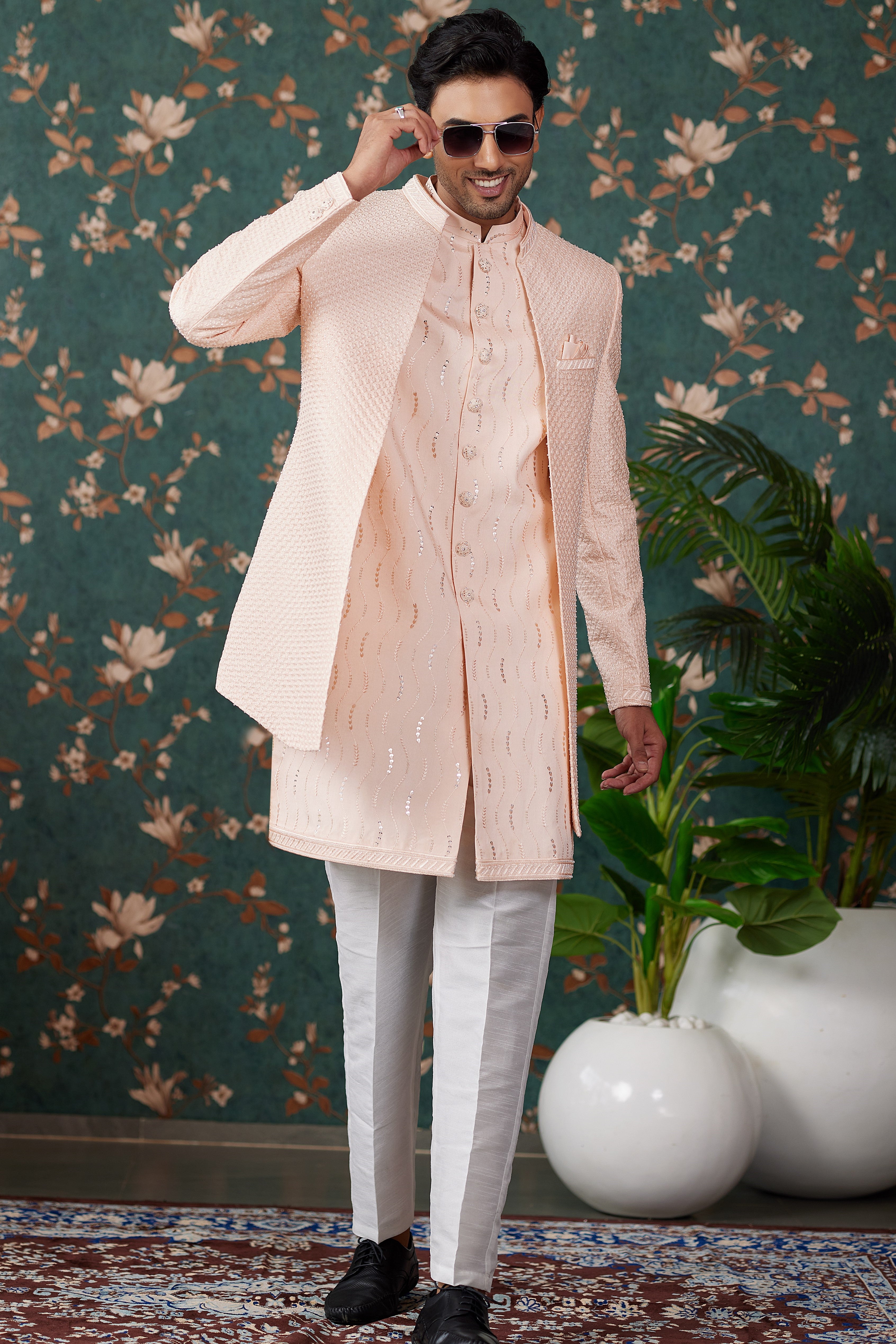 Peach Art Silk Traditional Sherwani Long Kurta & Pant for Men for Wedding - Embroidery Work, Bead Work