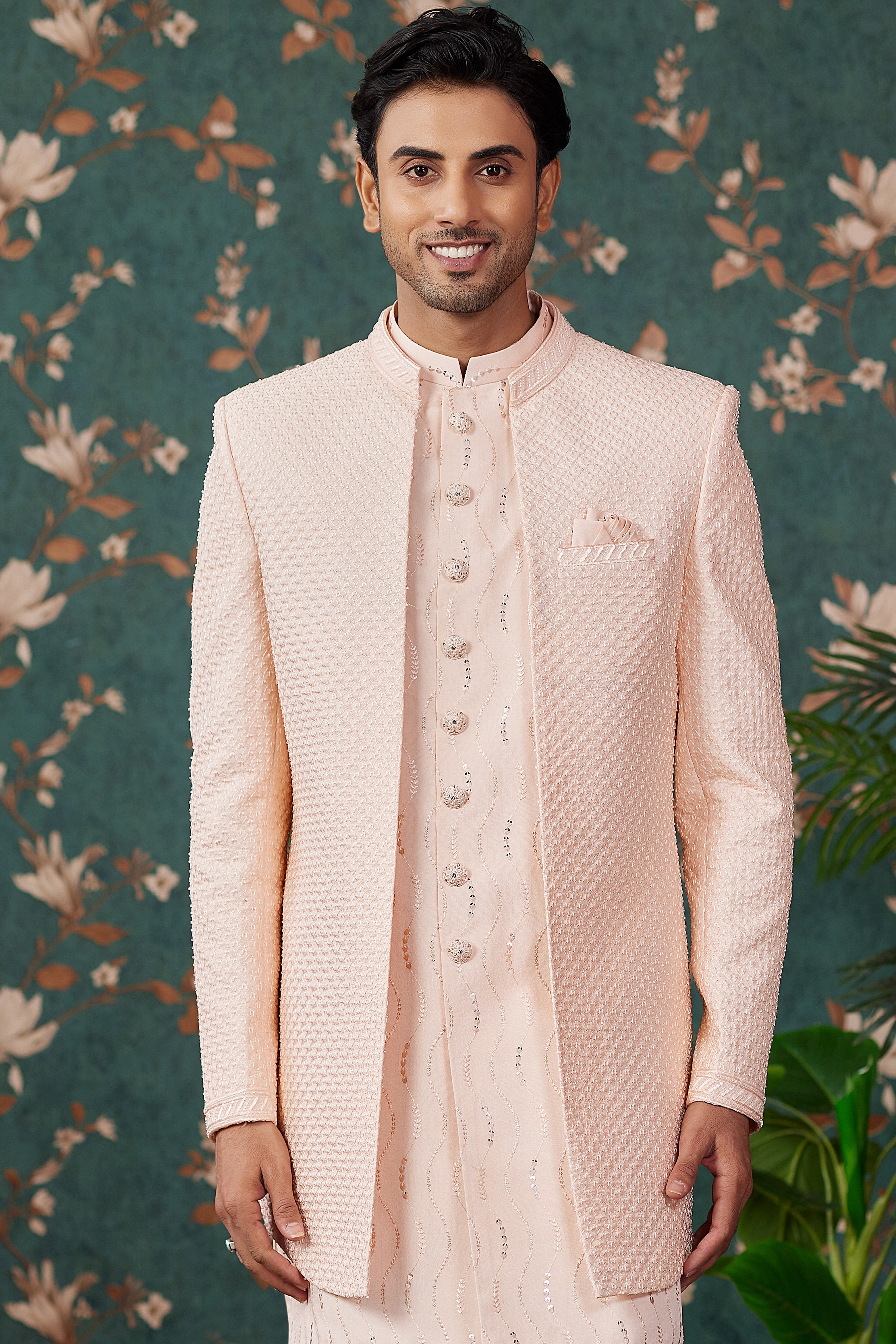 Peach Art Silk Traditional Sherwani Long Kurta & Pant for Men for Wedding - Embroidery Work, Bead Work