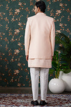 Peach Art Silk Traditional Sherwani Long Kurta & Pant for Men for Wedding - Embroidery Work, Bead Work