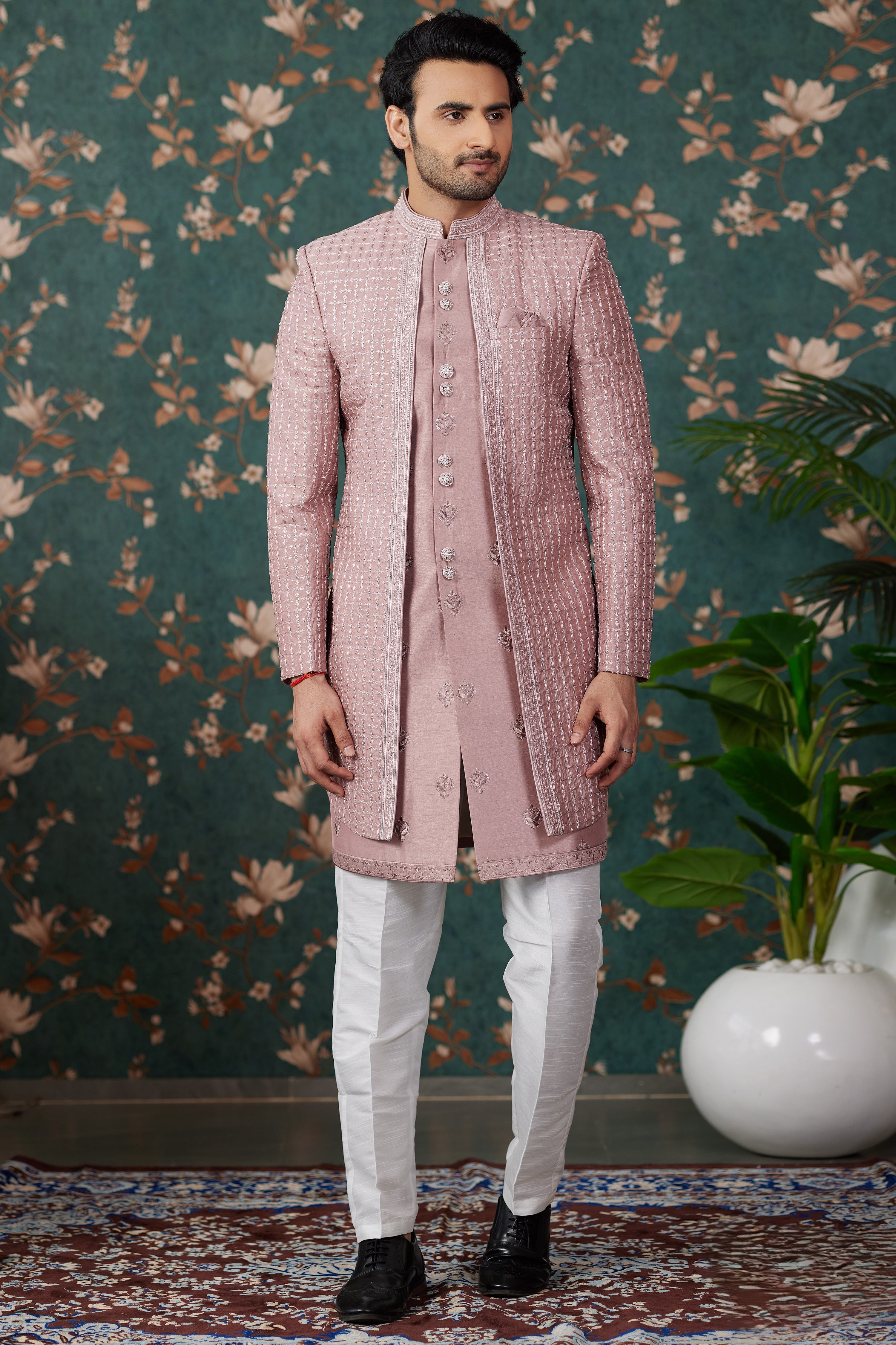 Pink Art Silk Traditional Sherwani Long Kurta & Pant for Men for Wedding - Embroidery Work, Bead Work