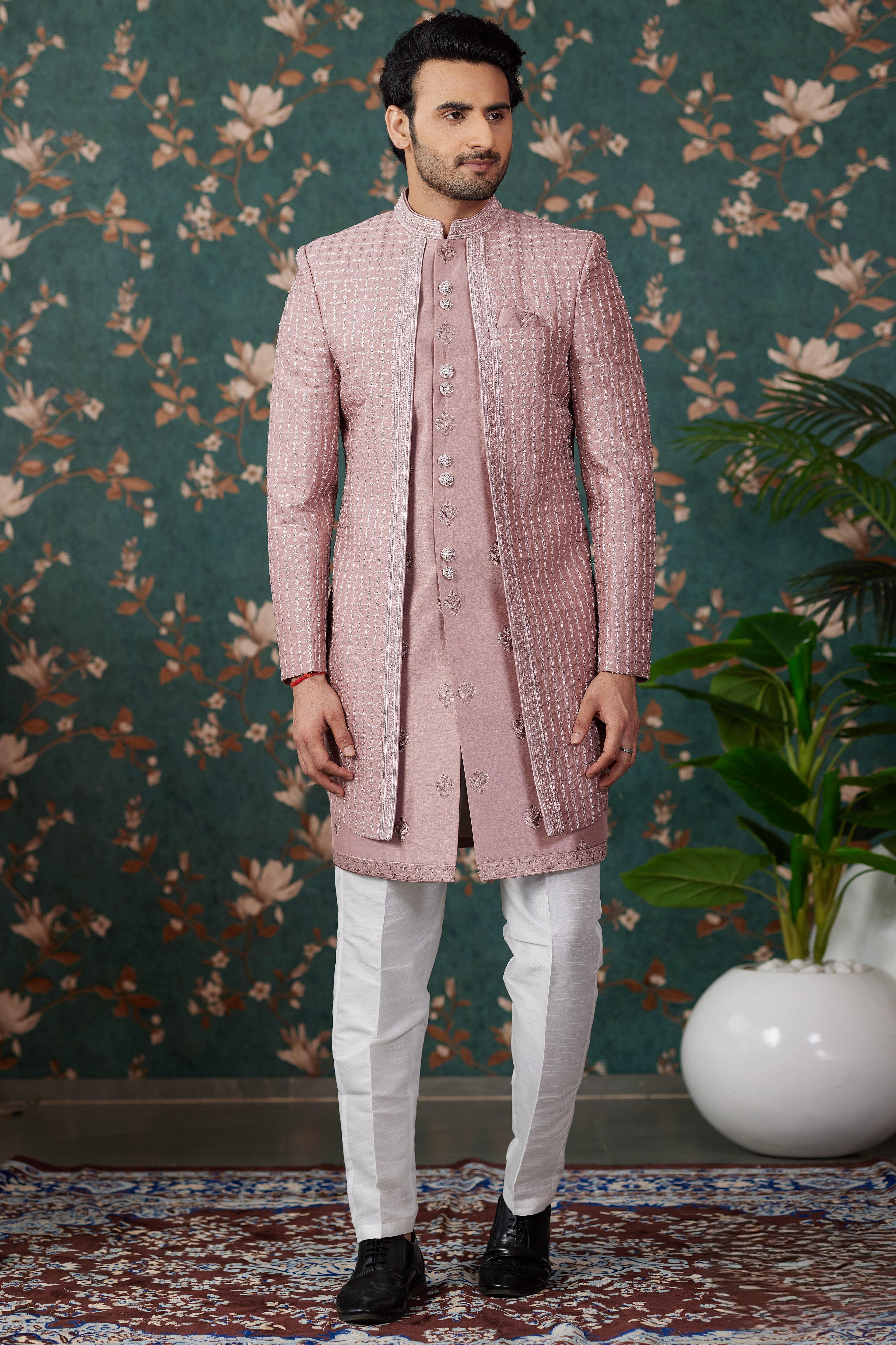 Pink Art Silk Traditional Sherwani Long Kurta & Pant for Men for Wedding - Embroidery Work, Bead Work