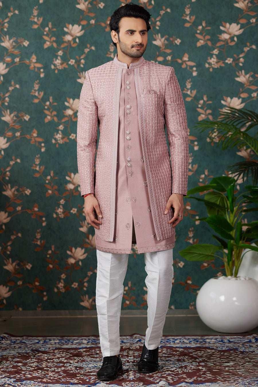 Pink Art Silk Traditional Sherwani Long Kurta & Pant for Men for Wedding - Embroidery Work, Bead Work