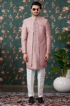 Pink Art Silk Traditional Sherwani Long Kurta & Pant for Men for Wedding - Embroidery Work, Bead Work