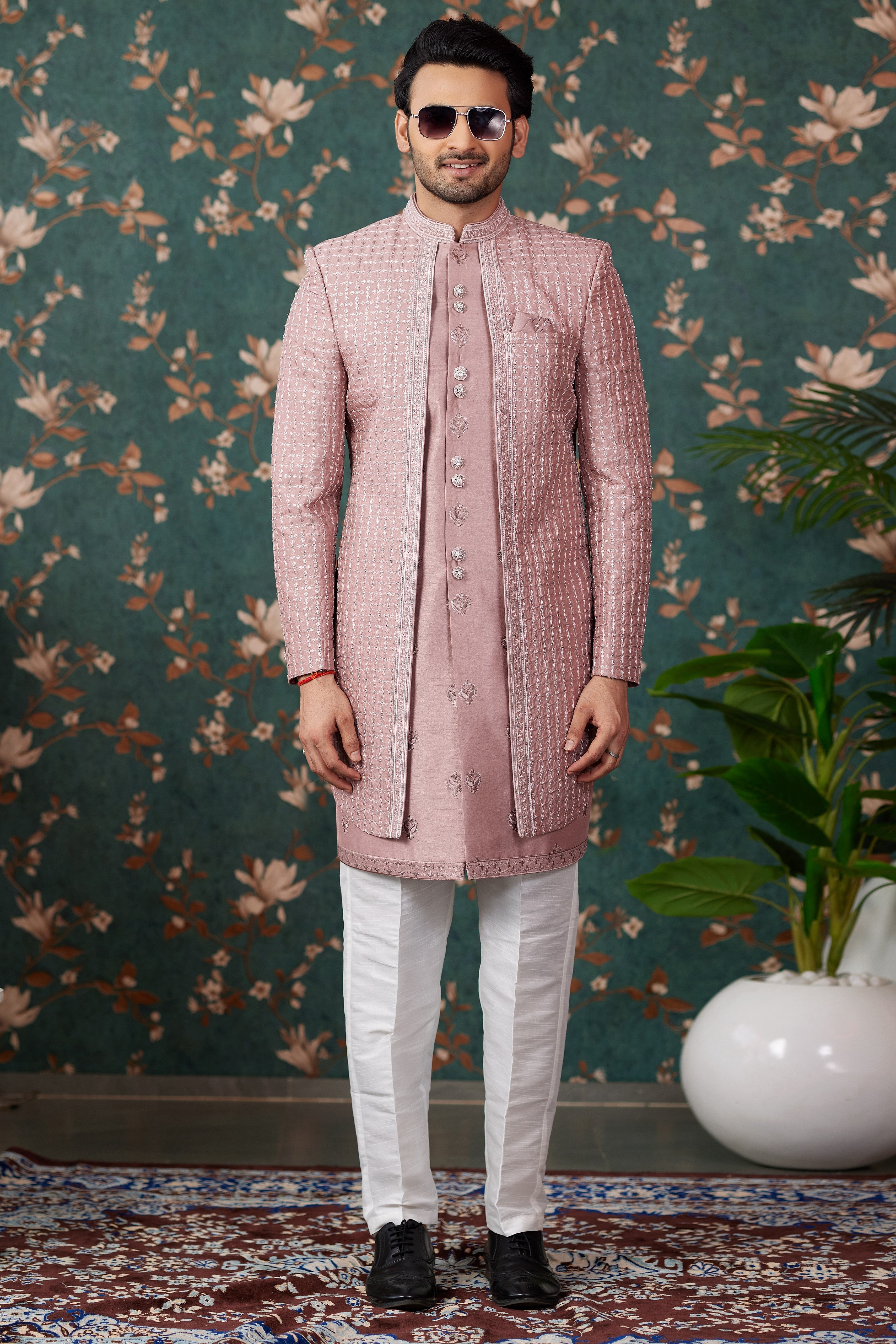 Pink Art Silk Traditional Sherwani Long Kurta & Pant for Men for Wedding - Embroidery Work, Bead Work